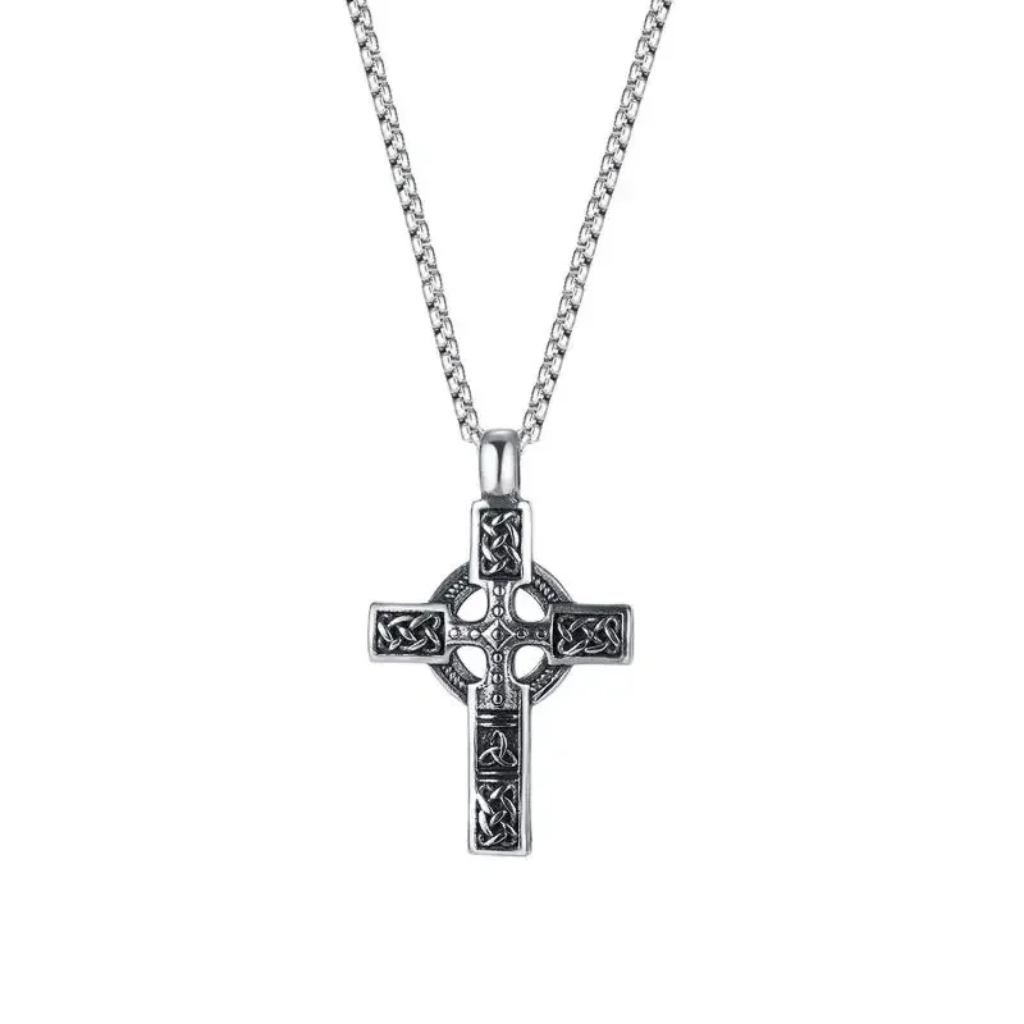 Silver Cross Necklace Pendant Celtic Irish Knotwork Engraved Box Chain