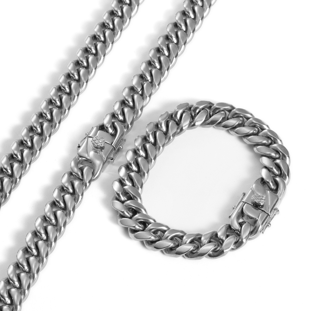 Silver Cuban Chain and Bracelet Set- 12mm