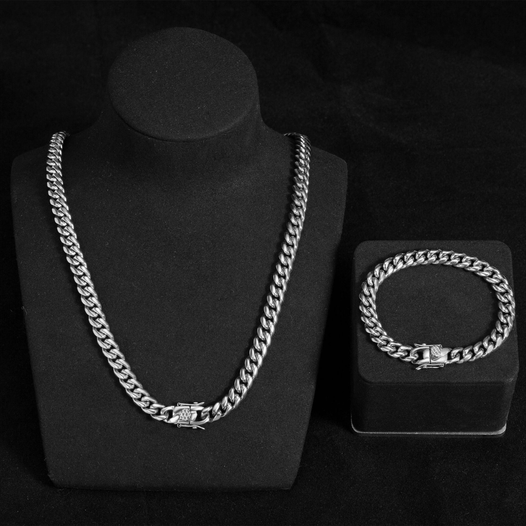 Silver Cuban Chain and Bracelet Set- 12mm
