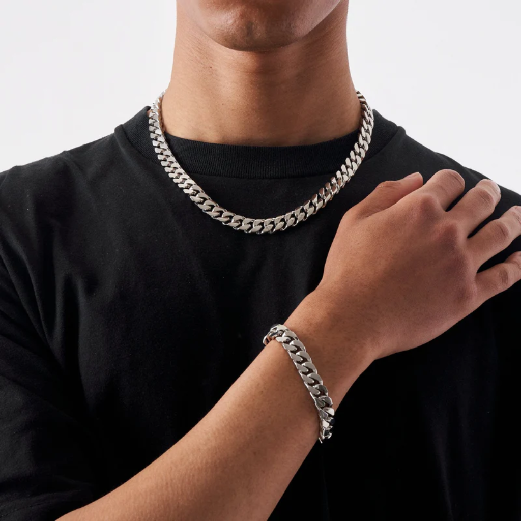 Silver Cuban Chain and Bracelet Set- 12mm