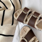 Slide Sandals Women Cork Footbed Fur Lined Double Buckle Suede