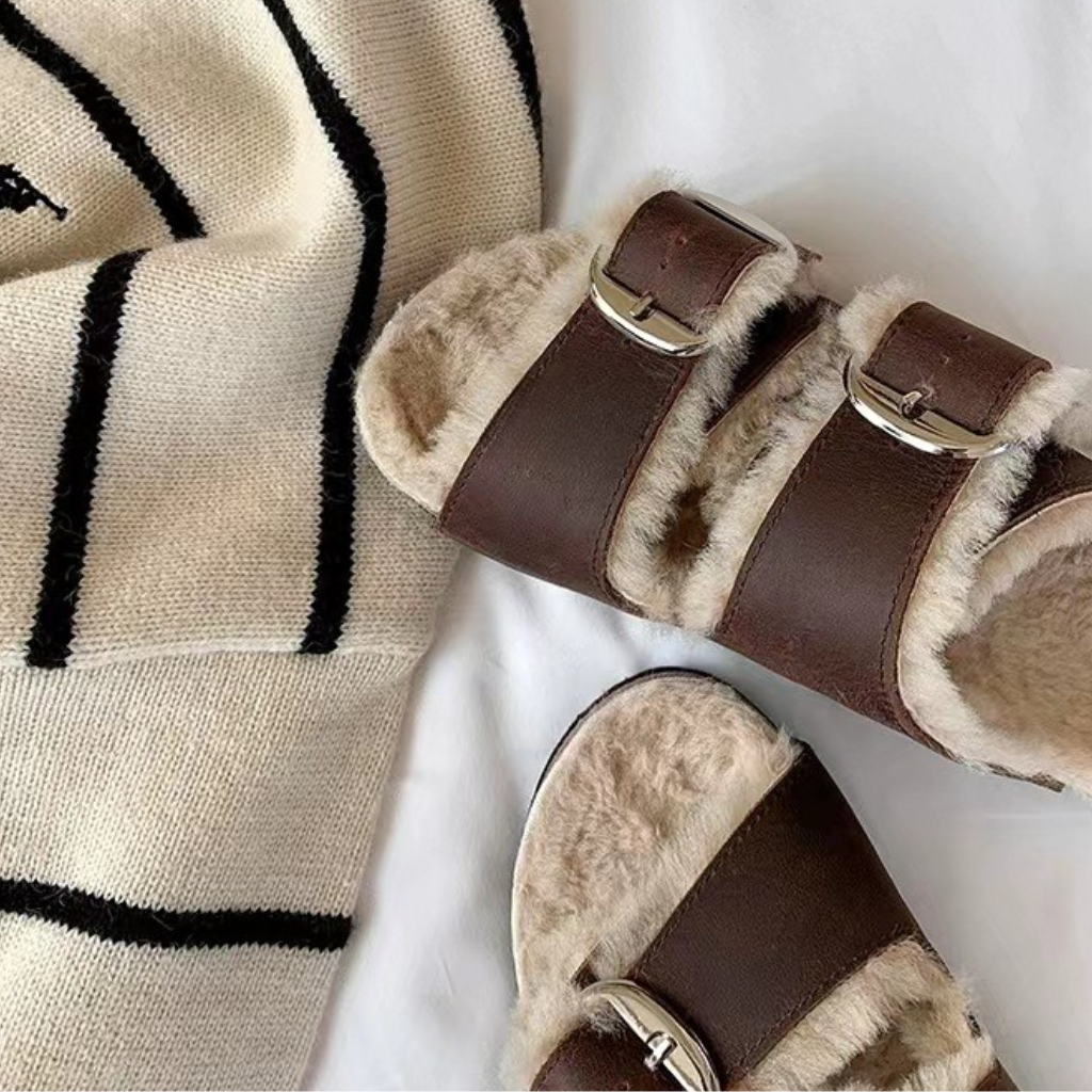 Slide Sandals Women Cork Footbed Fur Lined Double Buckle Suede