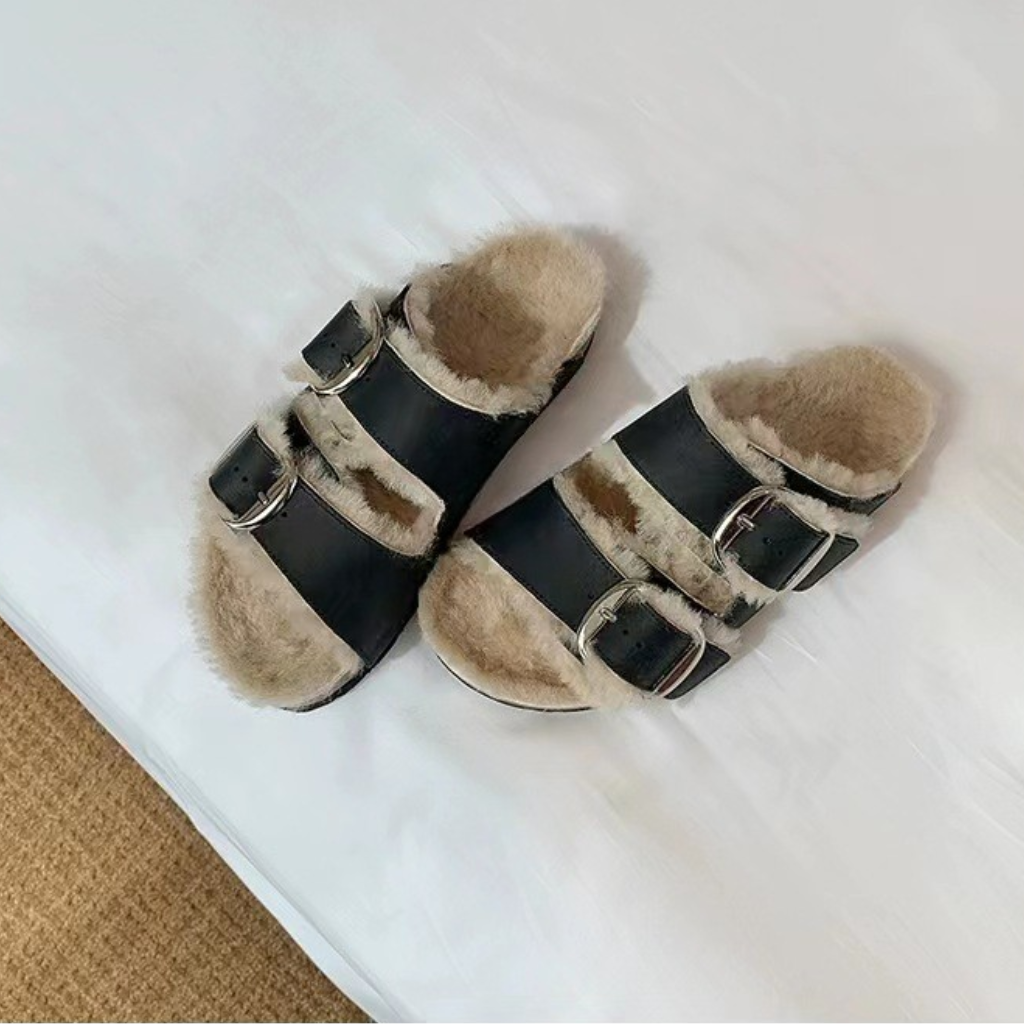 Slide Sandals Women Cork Footbed Fur Lined Double Buckle Suede