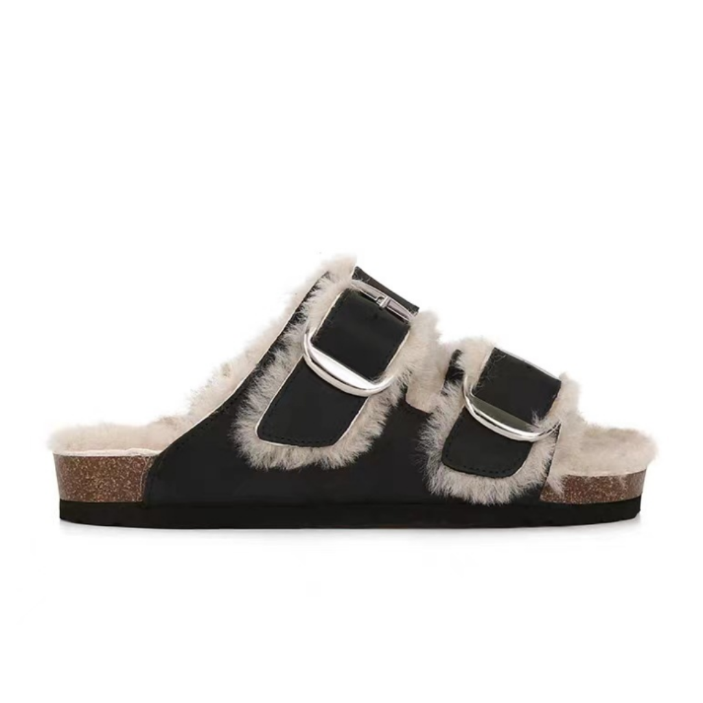 Slide Sandals Women Cork Footbed Fur Lined Double Buckle Suede