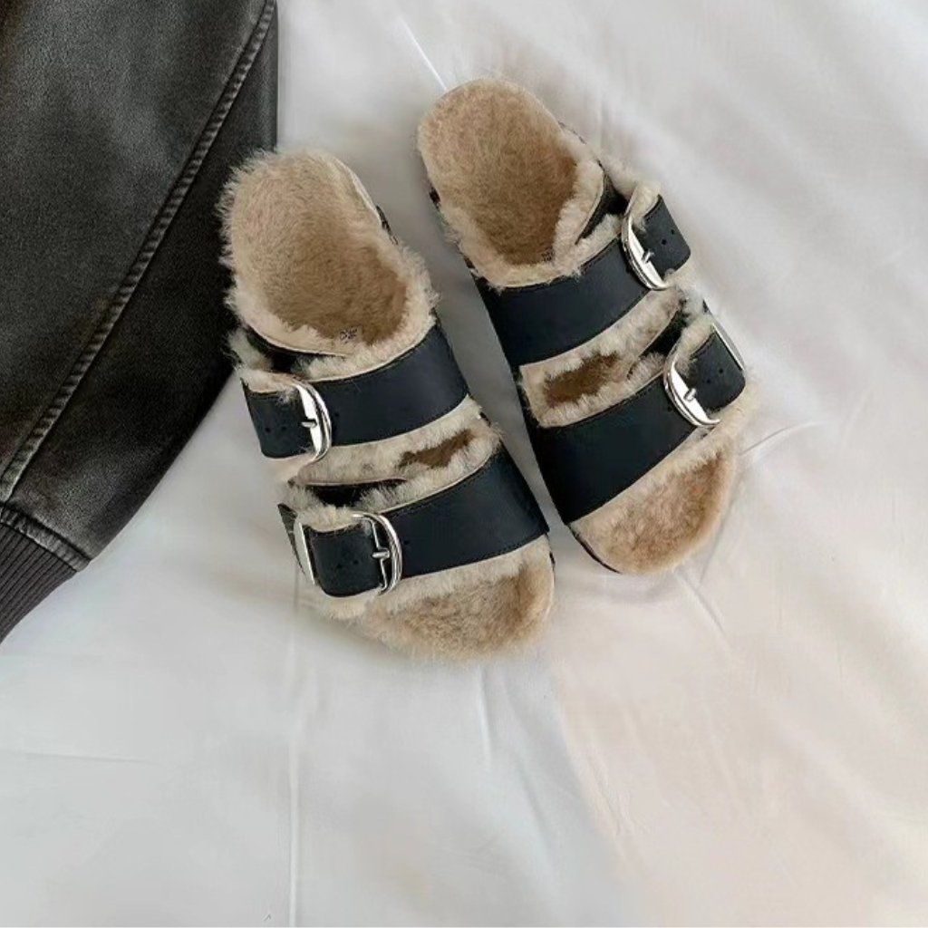 Slide Sandals Women Cork Footbed Fur Lined Double Buckle Suede