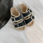 Slide Sandals Women Cork Footbed Fur Lined Double Buckle Suede