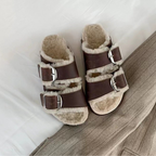 Slide Sandals Women Cork Footbed Fur Lined Double Buckle Suede