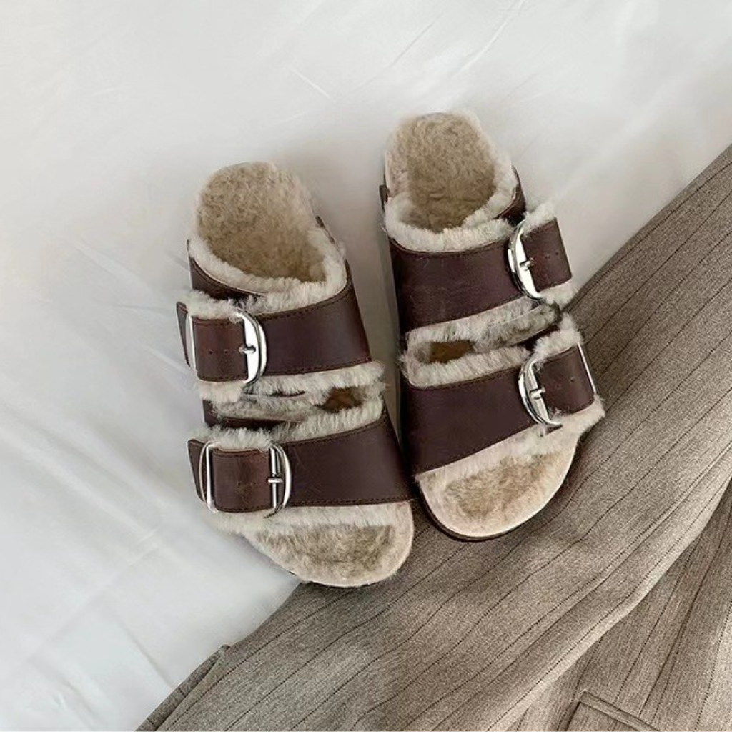 Slide Sandals Women Cork Footbed Fur Lined Double Buckle Suede