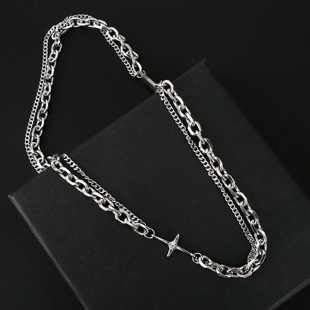 Star Chain Necklace - Y2K Double Layer Silver Chain-Tithesource-