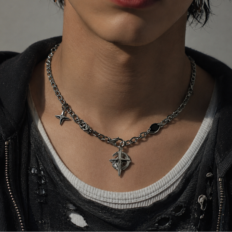 Cuban Figaro Chain Necklace Men - Star Moon Pendant Punk Choker-Tithesource-Silver-