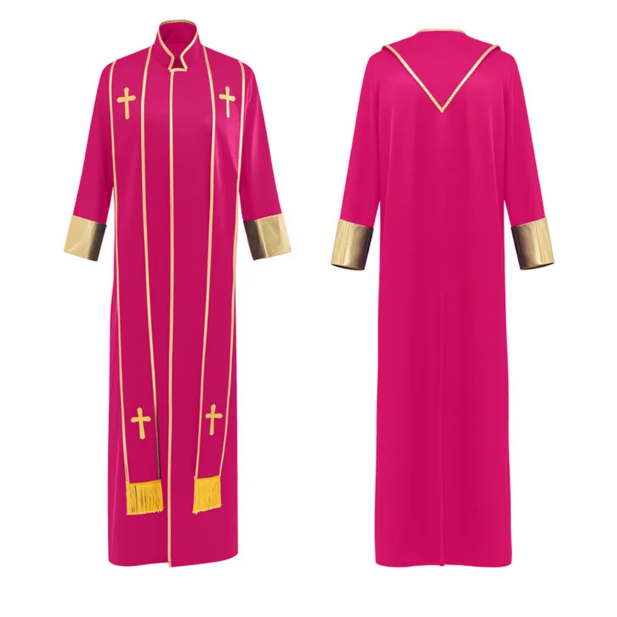 Traditional Pastor Robe With Vertical Cross Accents And Sleeve Trim Clergy Robe