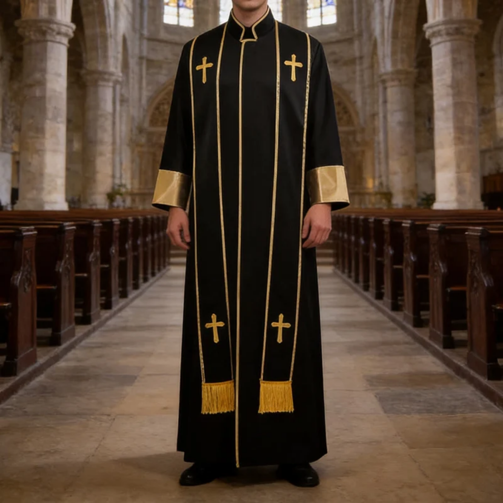 Traditional Pastor Robe With Vertical Cross Accents And Sleeve Trim Clergy Robe