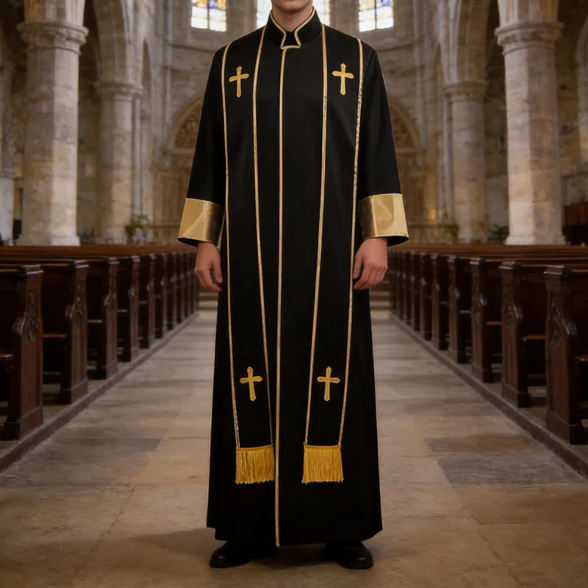 Traditional Pastor Robe With Vertical Cross Accents And Sleeve Trim Clergy Robe