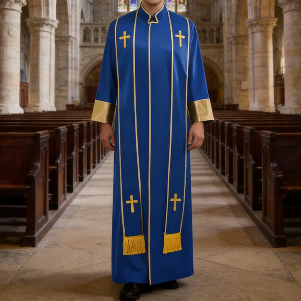 Traditional Pastor Robe With Vertical Cross Accents And Sleeve Trim Clergy Robe