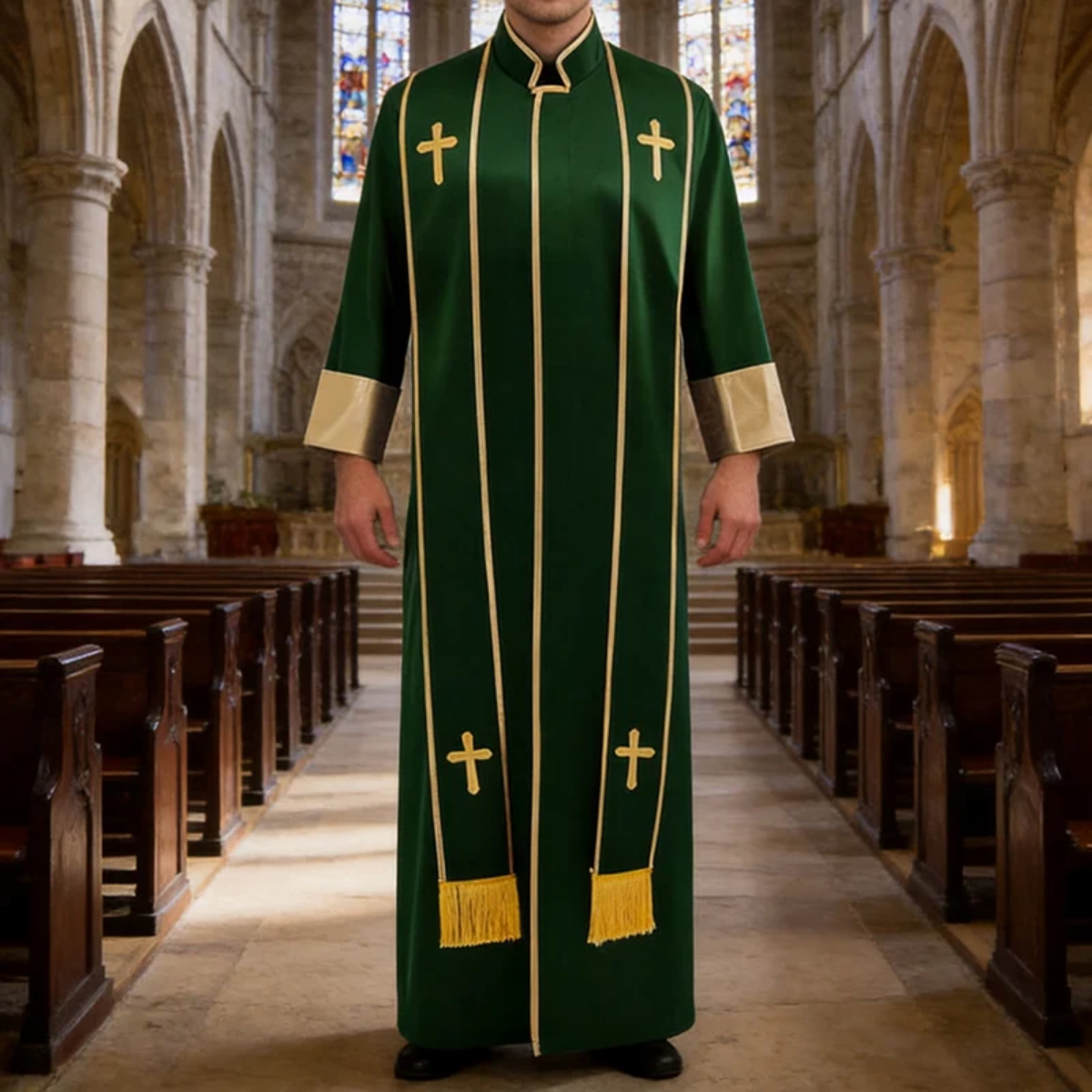 Traditional Pastor Robe With Vertical Cross Accents And Sleeve Trim Clergy Robe