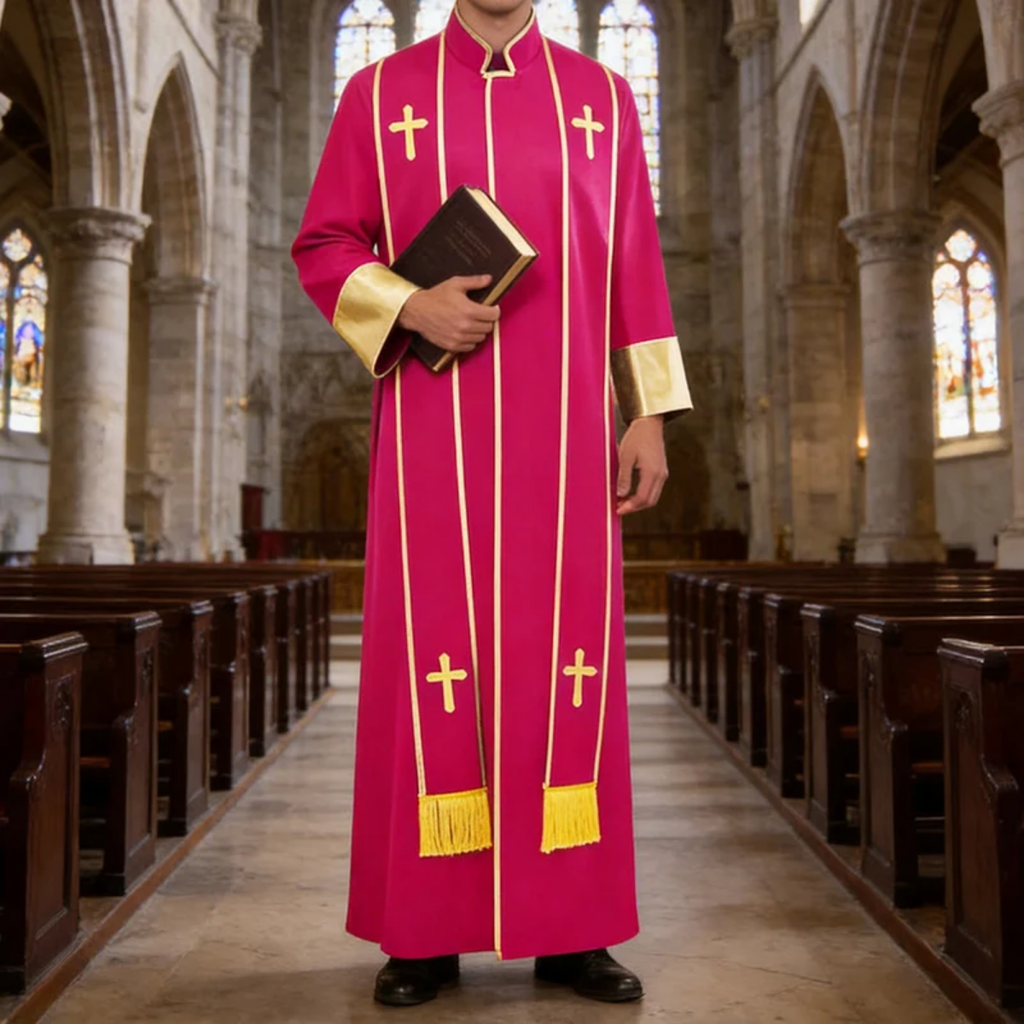 Traditional Pastor Robe With Vertical Cross Accents And Sleeve Trim Clergy Robe