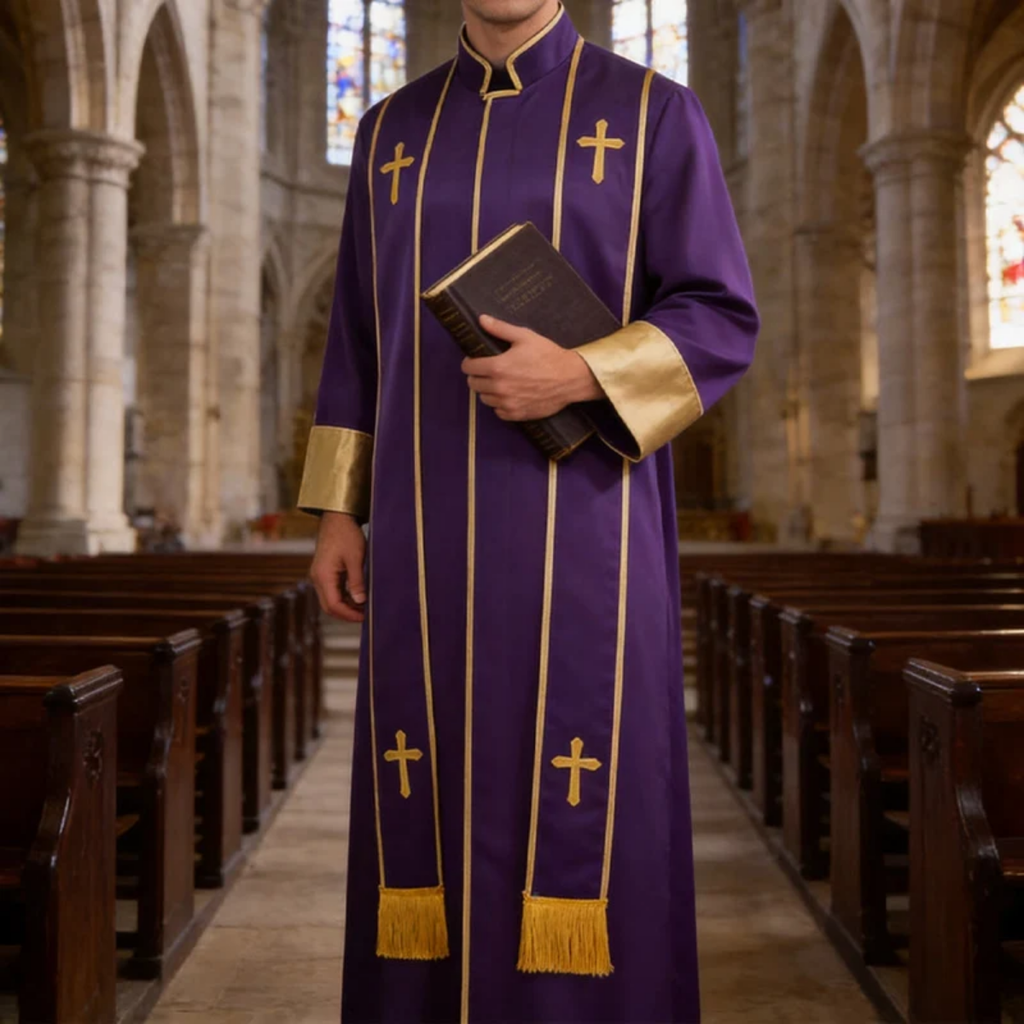 Traditional Pastor Robe With Vertical Cross Accents And Sleeve Trim Clergy Robe