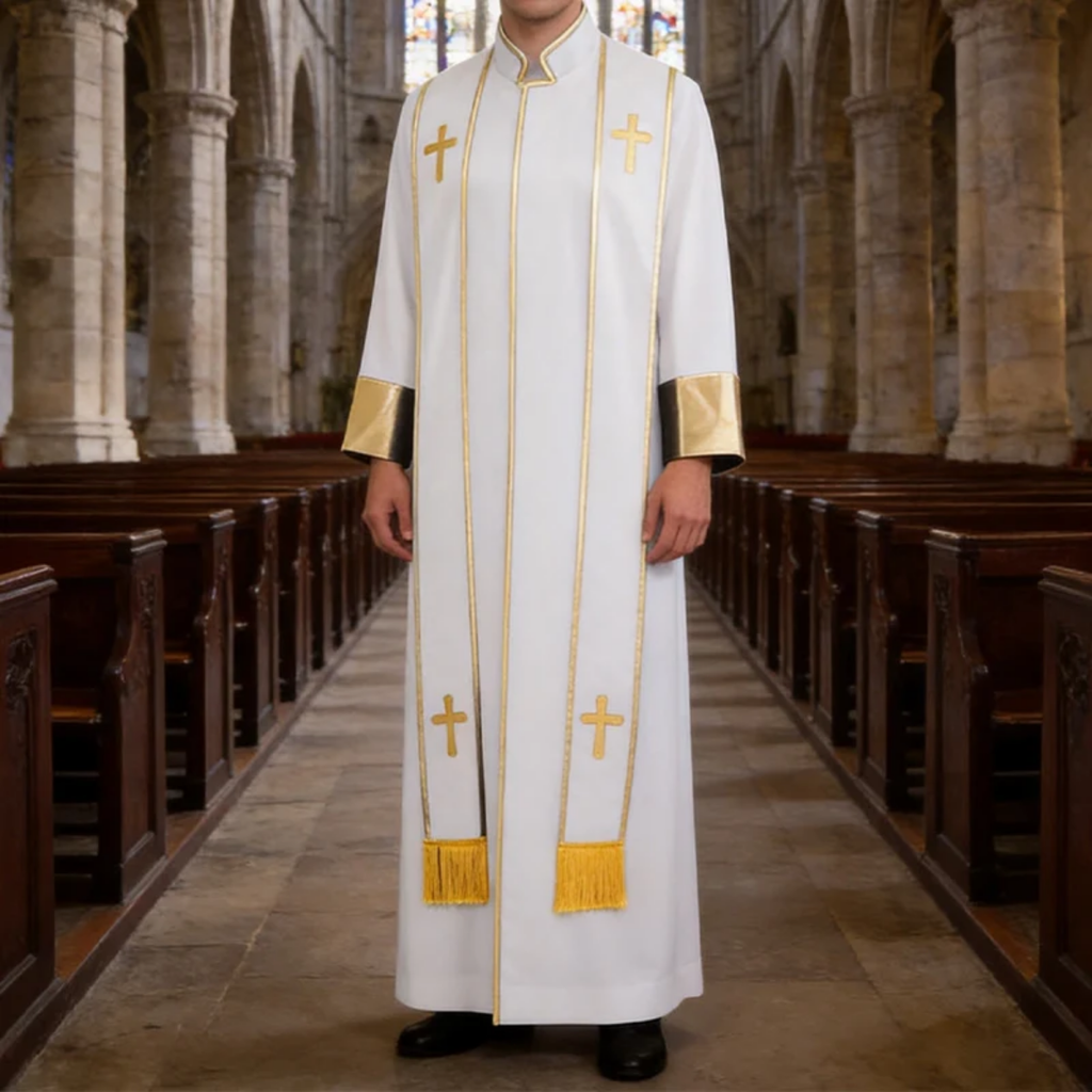 Traditional Pastor Robe With Vertical Cross Accents And Sleeve Trim Clergy Robe