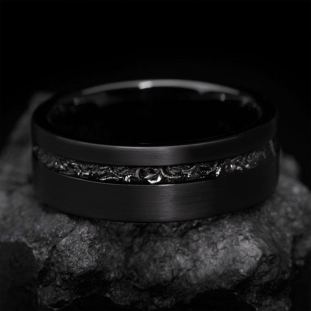 Tungsten Ring Men Black Meteorite Wedding Band Beveled Edge