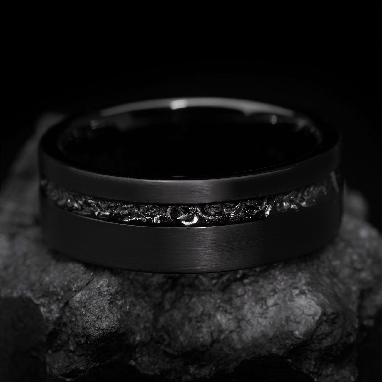 Tungsten Ring Men Black Meteorite Wedding Band Beveled Edge