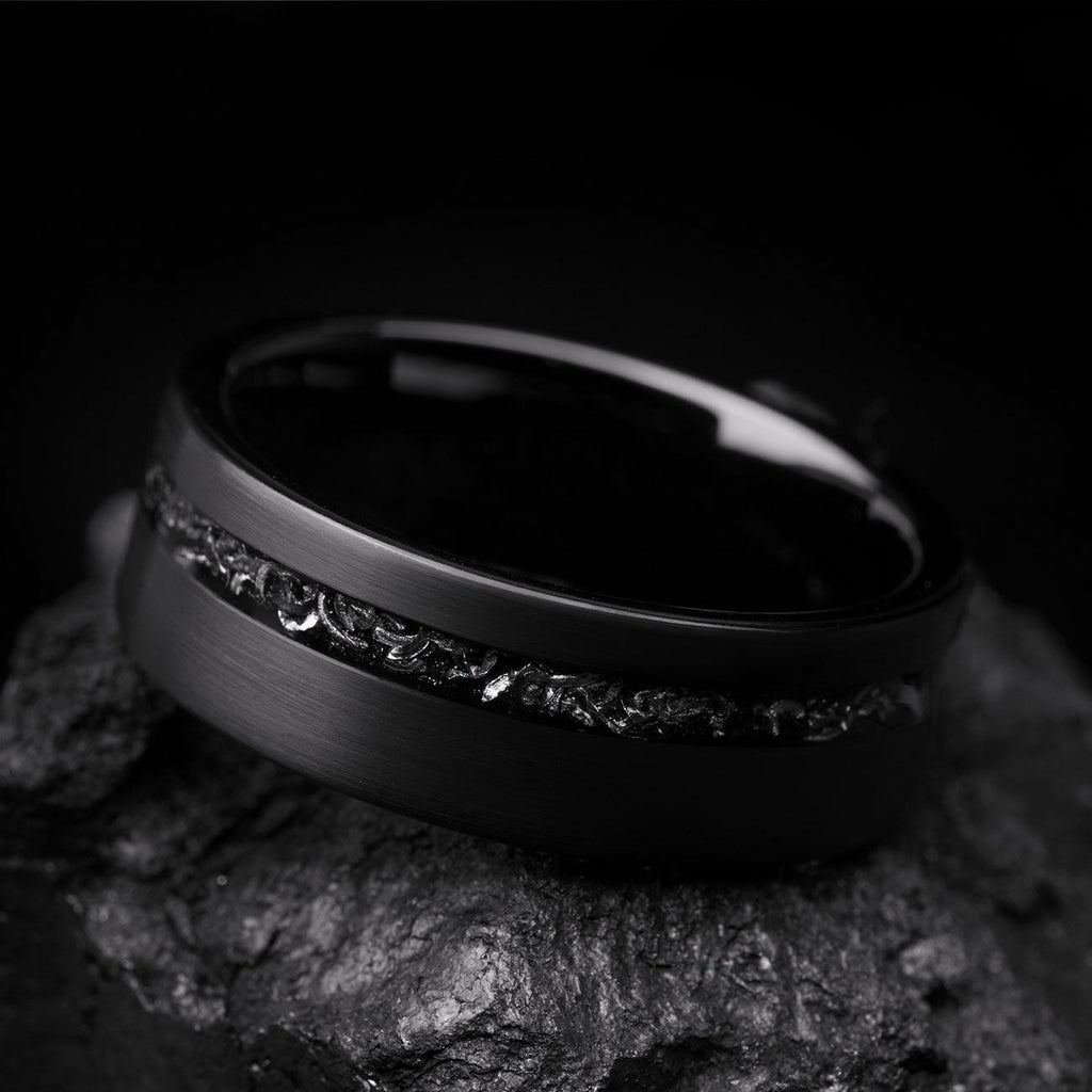 Tungsten Ring Men Black Meteorite Wedding Band Beveled Edge