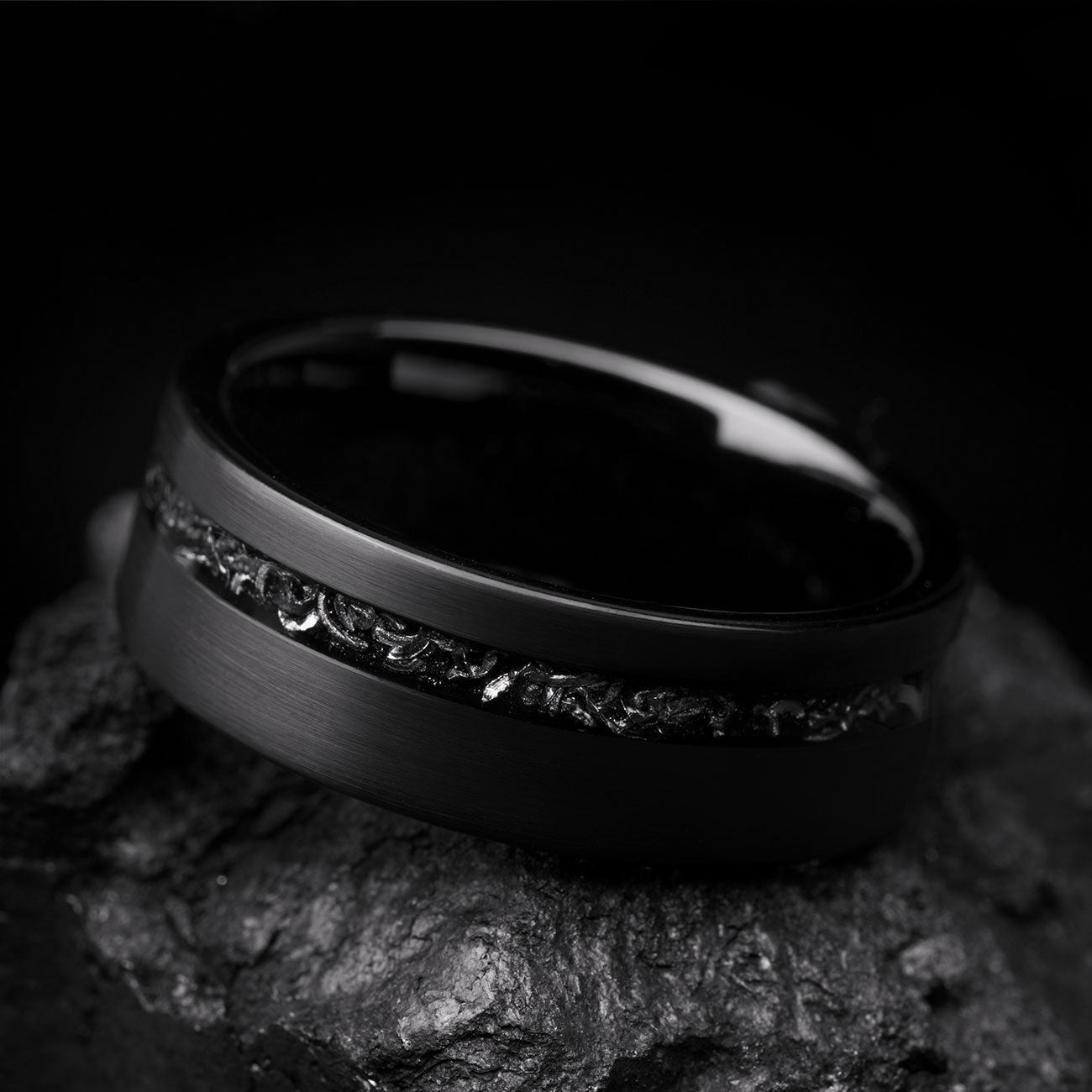 Tungsten Ring Men Black Meteorite Wedding Band Beveled Edge