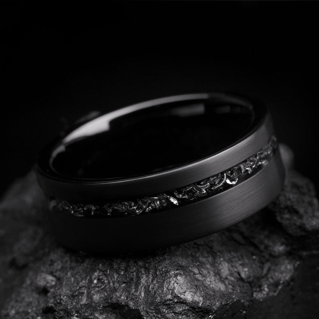 Tungsten Ring Men Black Meteorite Wedding Band Beveled Edge
