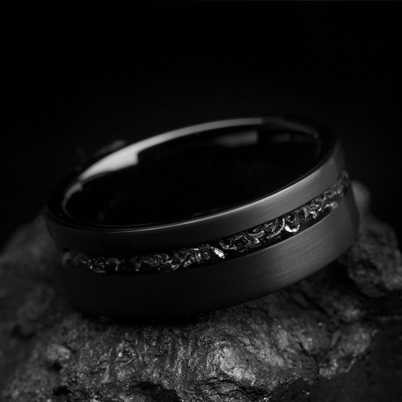 Tungsten Ring Men Black Meteorite Wedding Band Beveled Edge