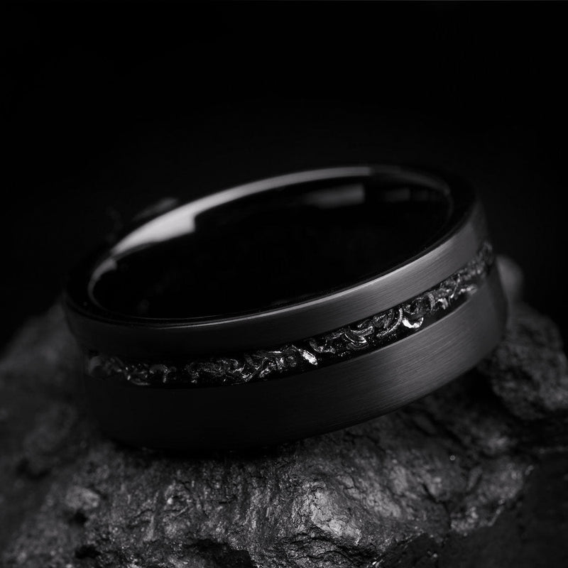 Tungsten Ring Men Black Meteorite Wedding Band Beveled Edge