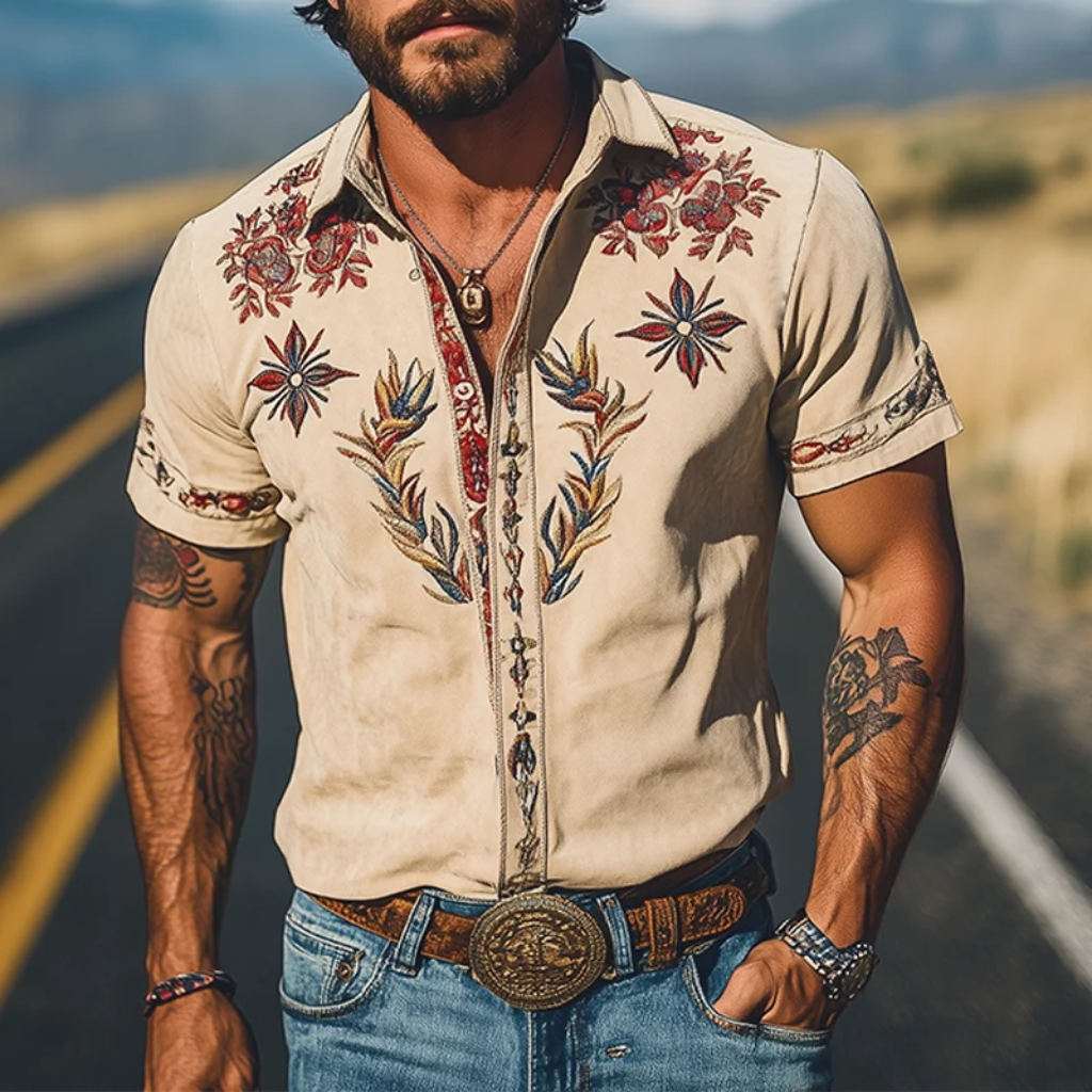 Western Shirt Men Embroidered Short Sleeve Floral Cowboy