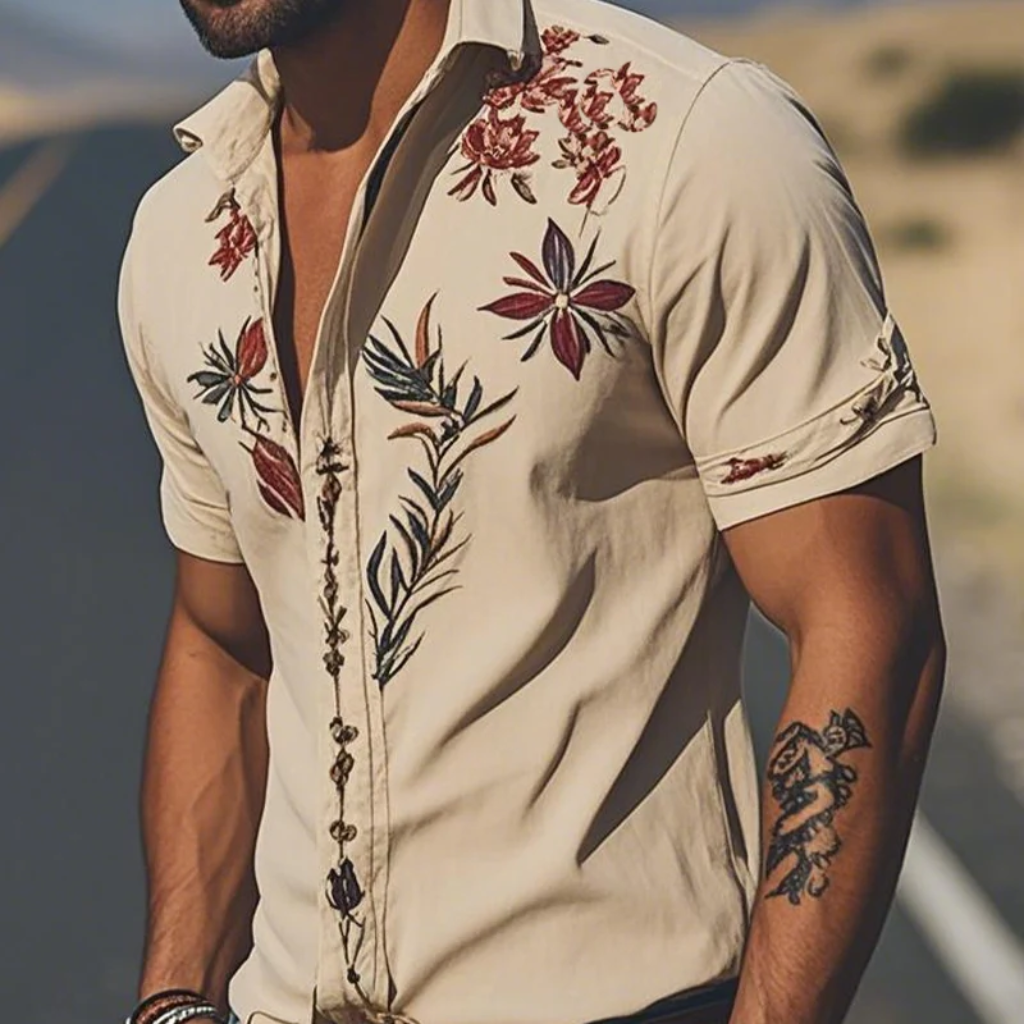 Western Shirt Men Embroidered Short Sleeve Floral Cowboy