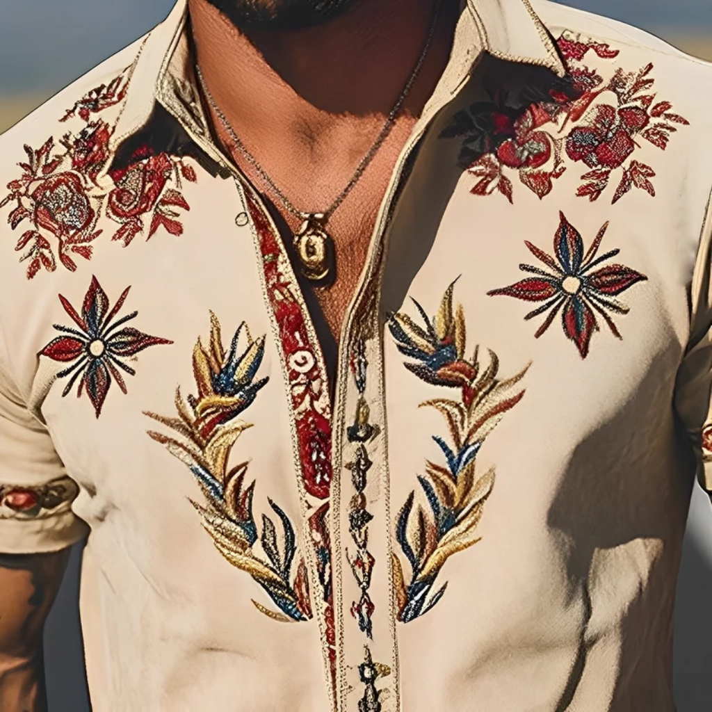 Western Shirt Men Embroidered Short Sleeve Floral Cowboy