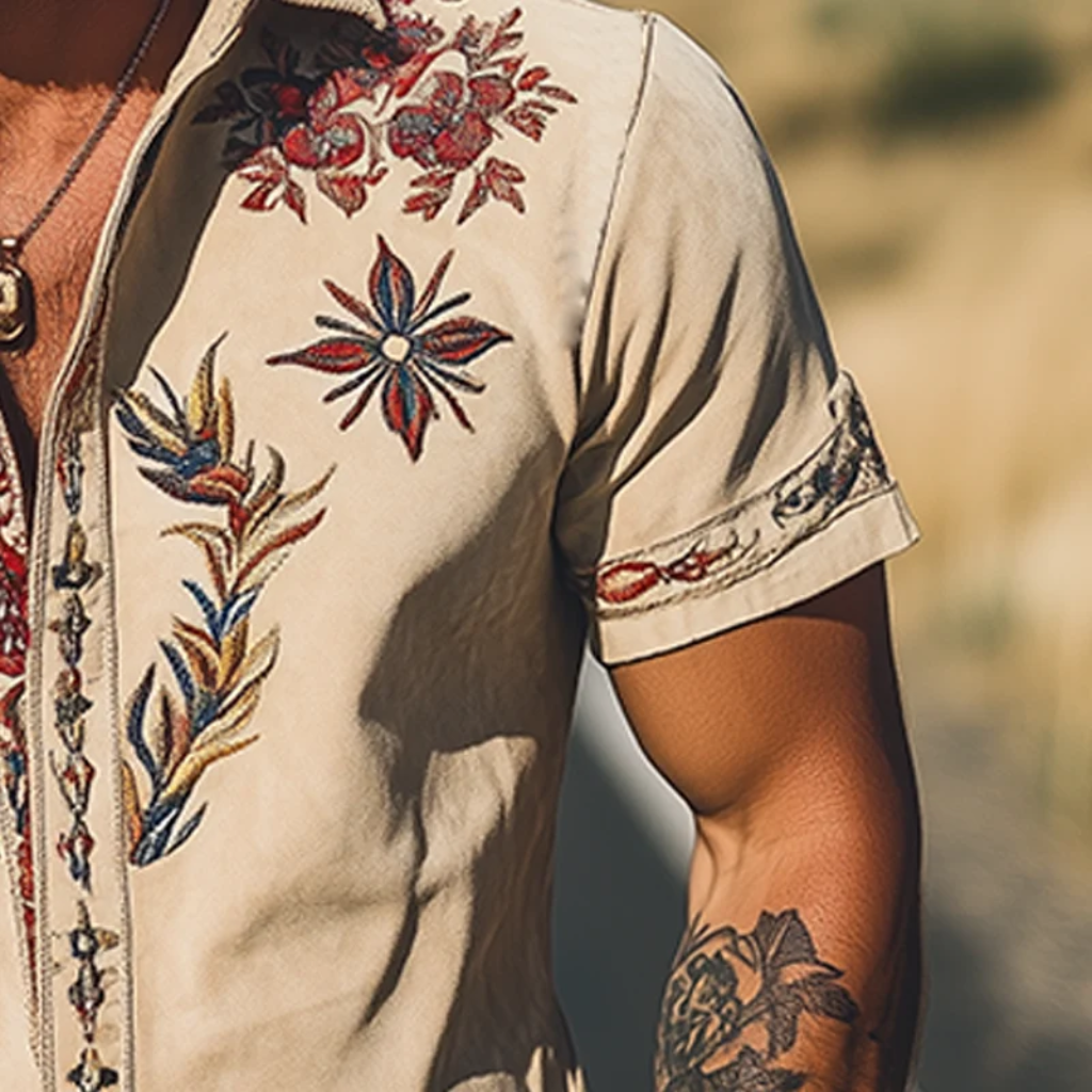 Western Shirt Men Embroidered Short Sleeve Floral Cowboy