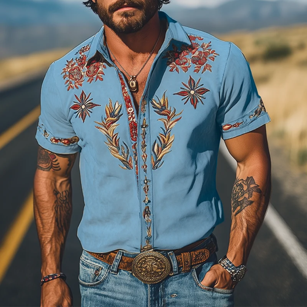 Western Shirt Men Embroidered Short Sleeve Floral Cowboy