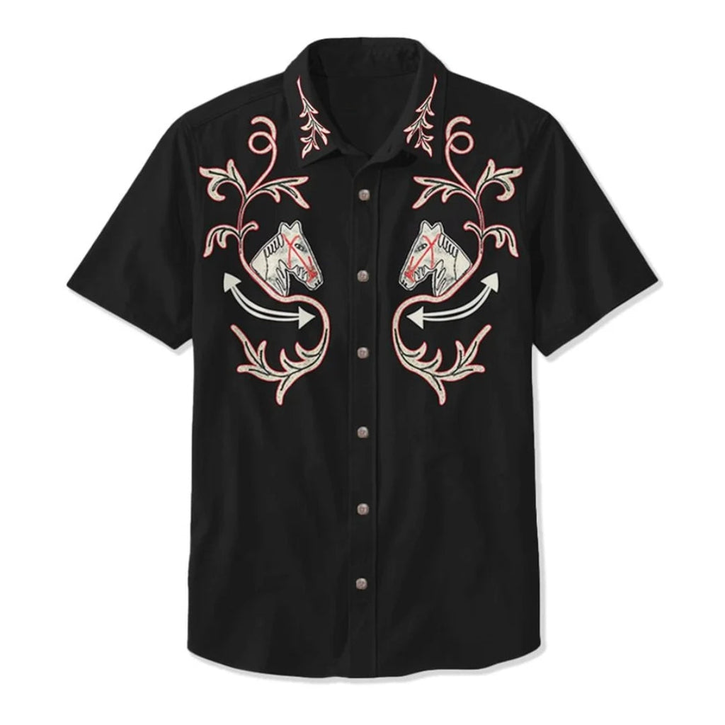Western Shirt Men Short Sleeve Embroidered Floral Cowboy