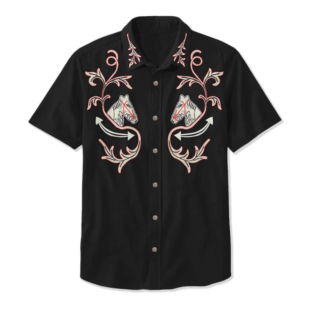 Western Shirt Men Short Sleeve Embroidered Floral Cowboy