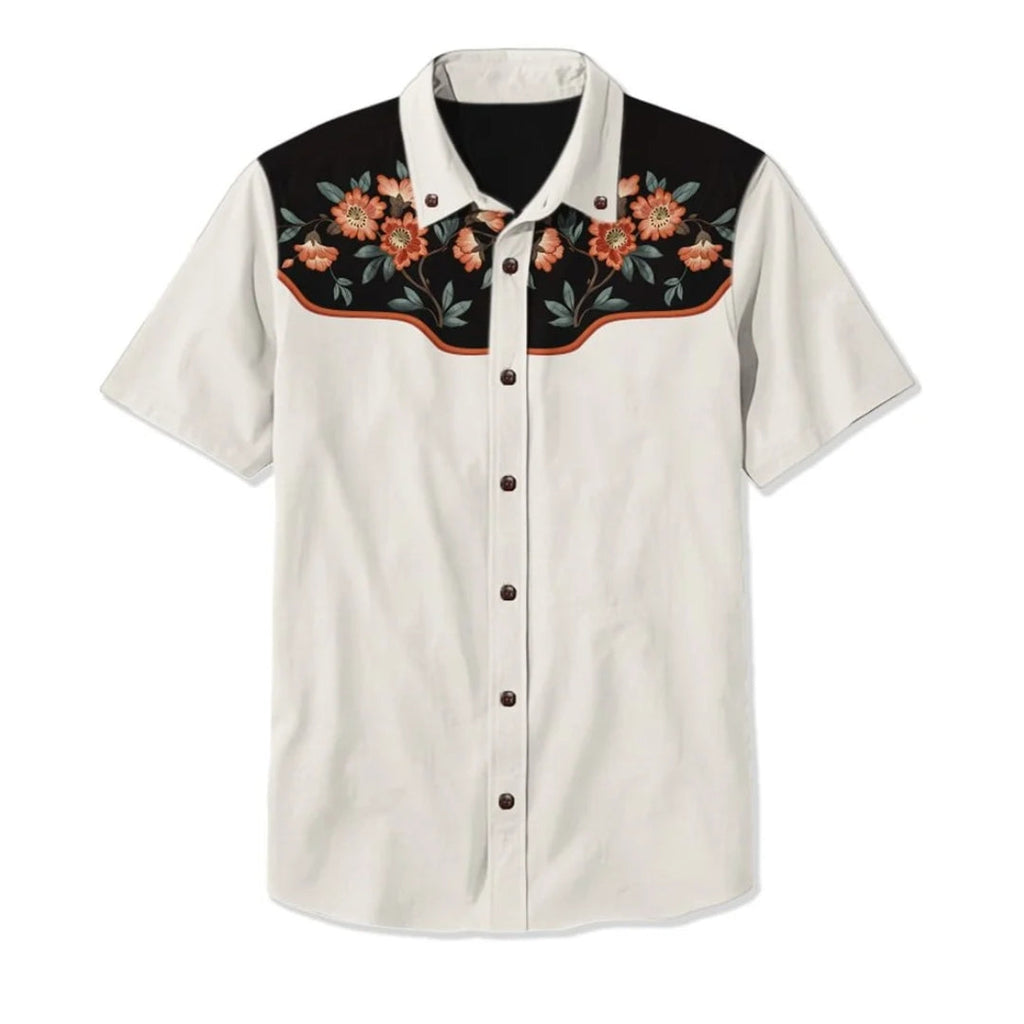 Western Shirt Men Short Sleeve Embroidered Floral Cowboy