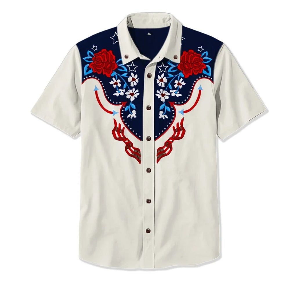 Western Shirt Men Short Sleeve Embroidered Floral Cowboy