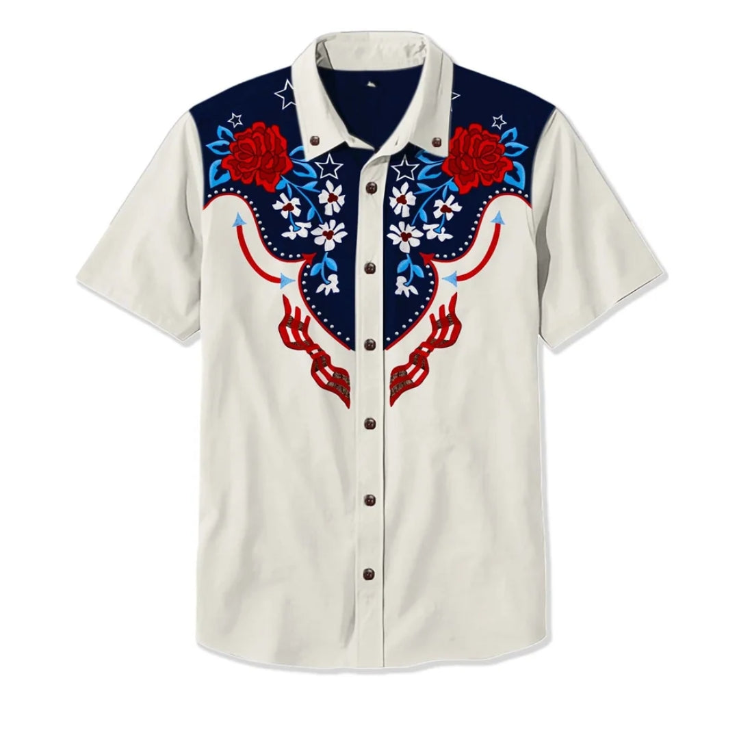 Western Shirt Men Short Sleeve Embroidered Floral Cowboy