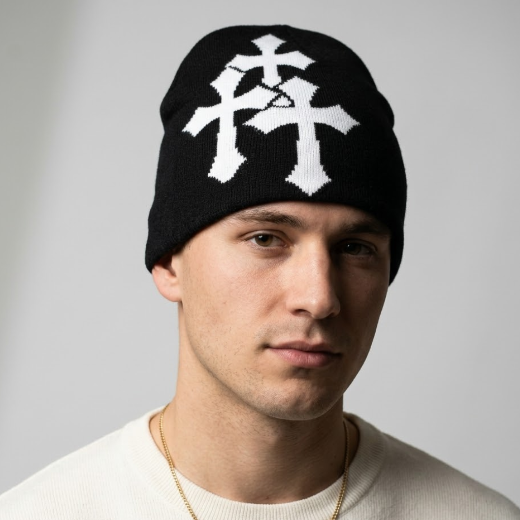 Y2K Crucifix Jacquard Knitted Hat-Tithesource-