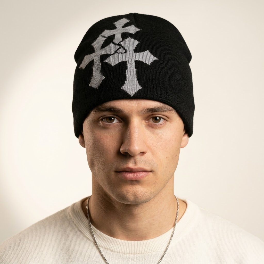 Y2K Crucifix Jacquard Knitted Hat-Tithesource-