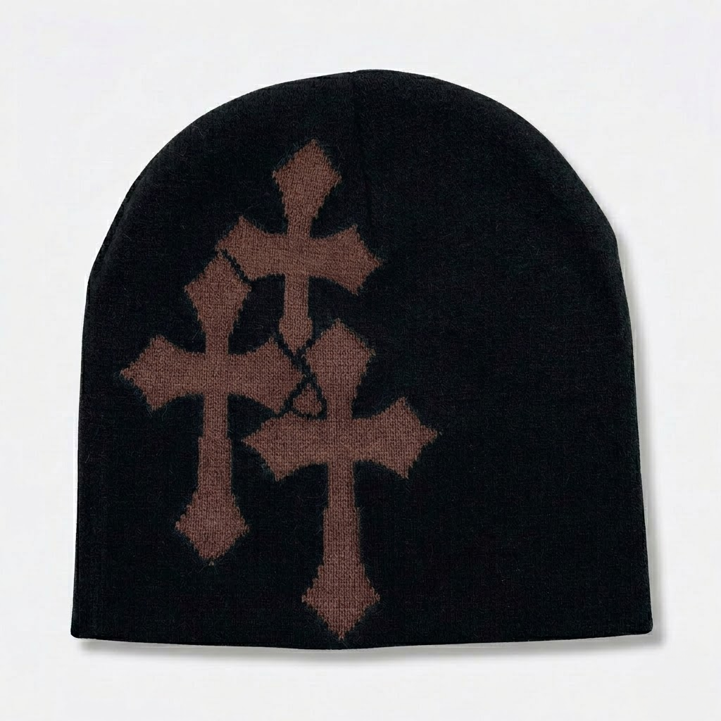Y2K Crucifix Jacquard Knitted Hat-Tithesource-Black Brown-
