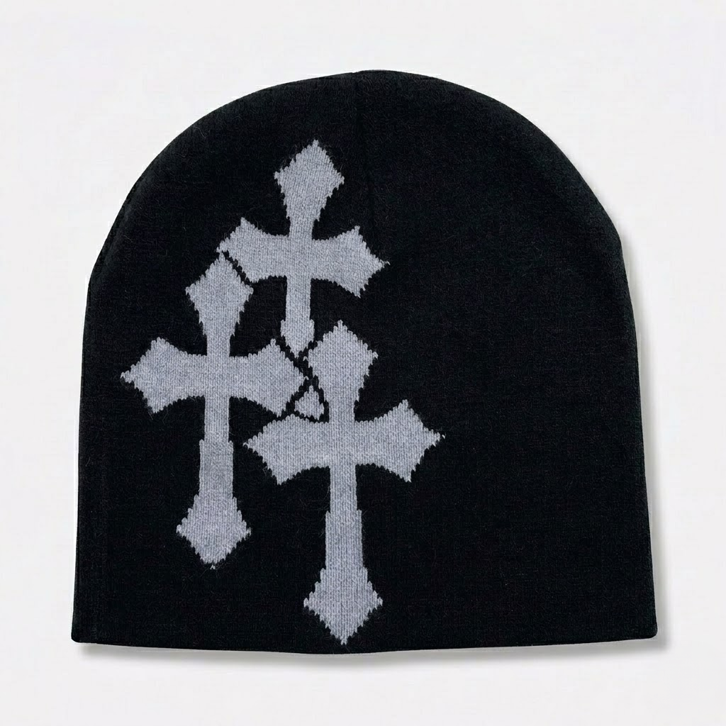 Y2K Crucifix Jacquard Knitted Hat-Tithesource-Black Gray-