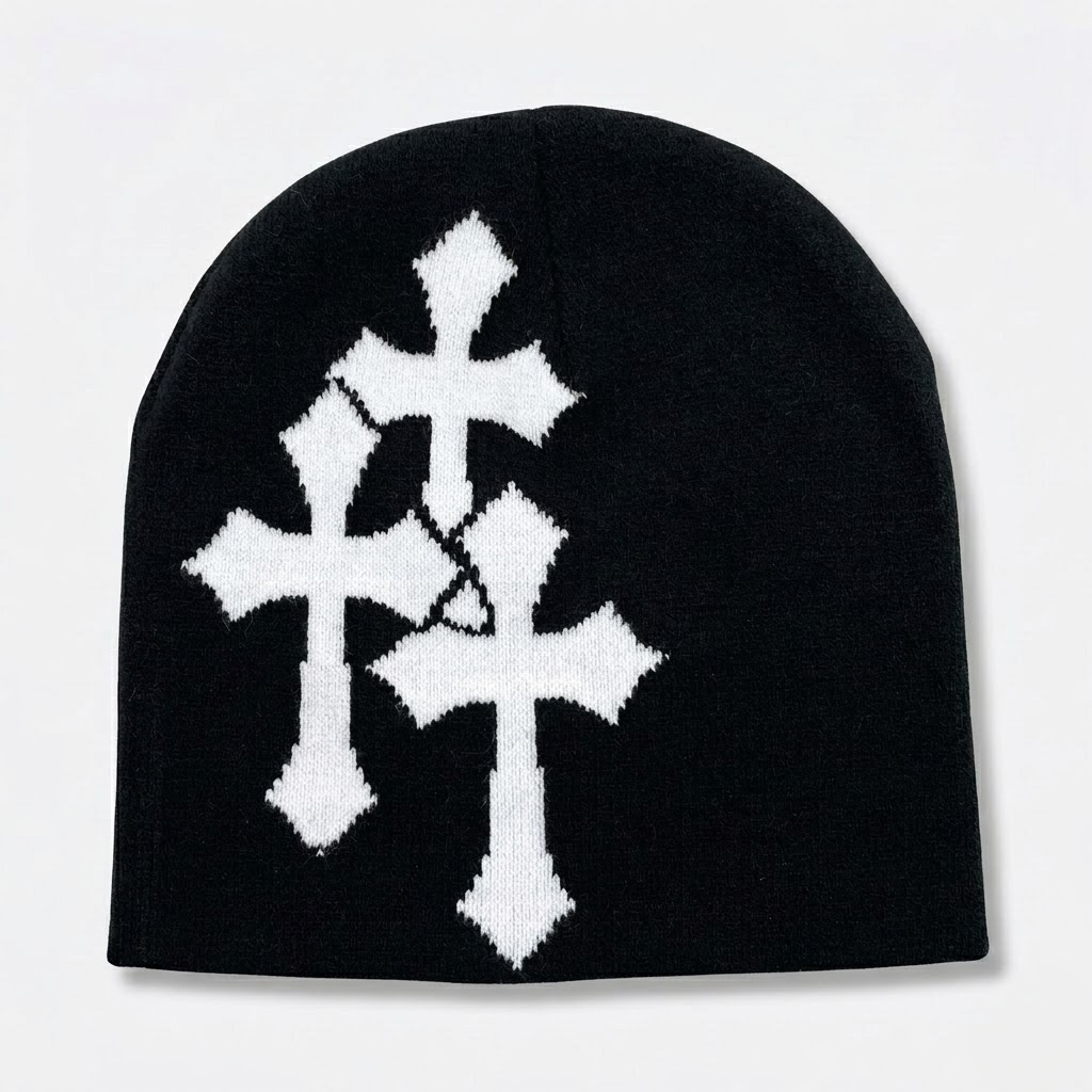 Y2K Crucifix Jacquard Knitted Hat-Tithesource-Black White-