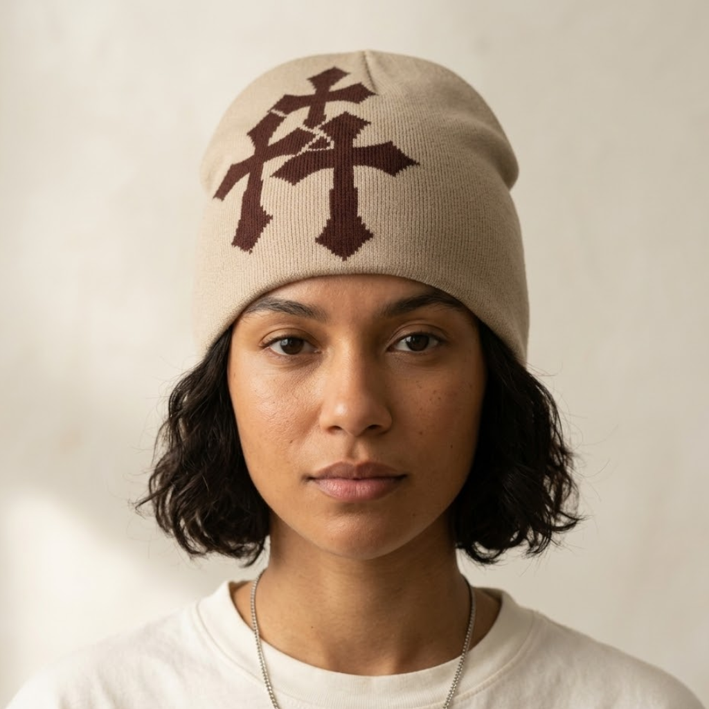 Y2K Crucifix Jacquard Knitted Hat-Tithesource-Cream Coffee-