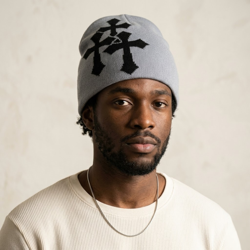 Y2K Crucifix Jacquard Knitted Hat-Tithesource-Gray Black-
