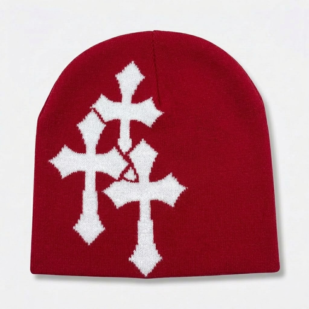 Y2K Crucifix Jacquard Knitted Hat-Tithesource-Red White-