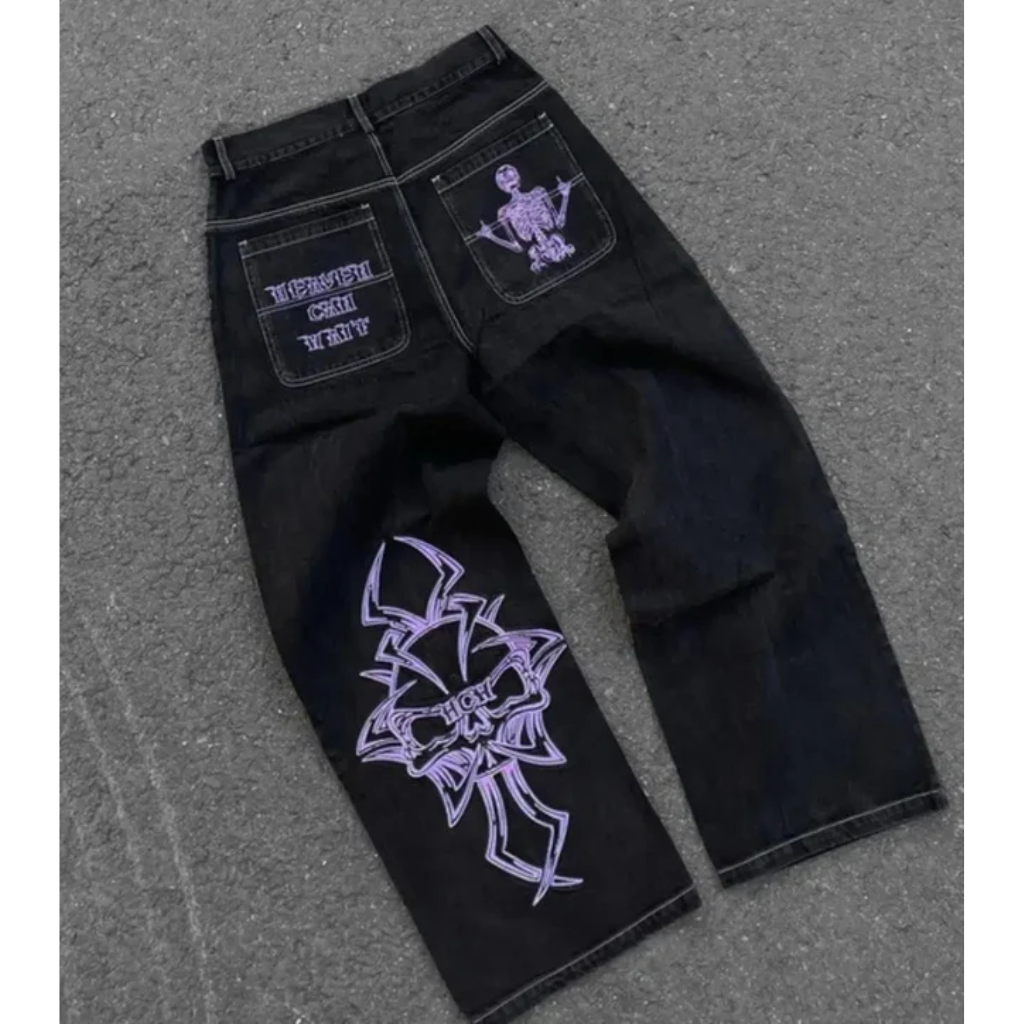 Y2K Oversized Jeans Black - Embroidered