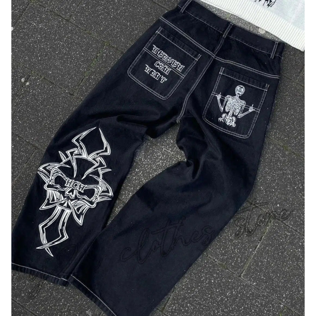 Y2K Oversized Jeans Black - Embroidered