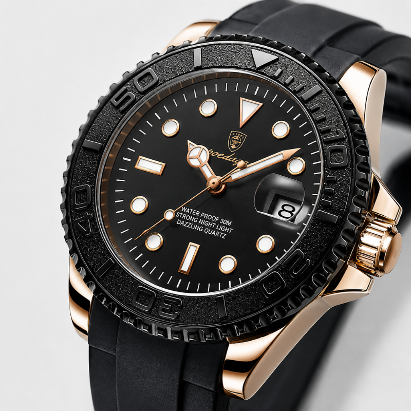 Yacht Diver - Rose Gold Watch - Silicone strap - Date - Luminous